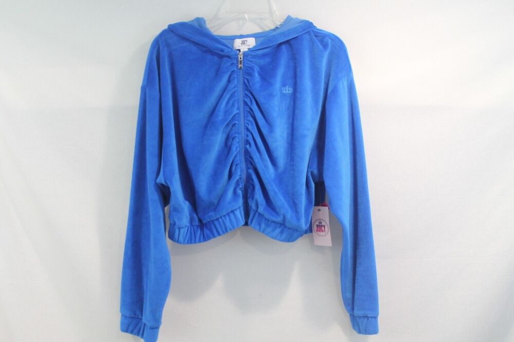 Juicy Couture Velour Hoodie Womens size L Cropped Ruched Zip Up
